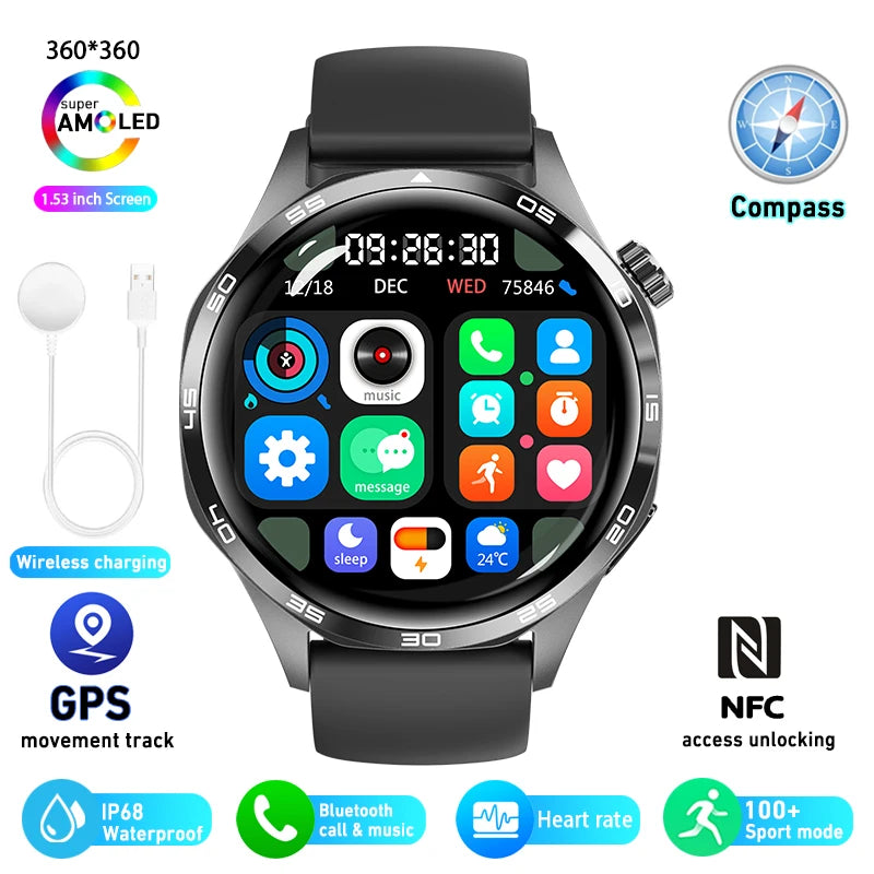 Pour Huawei GT5 Pro GPS NFC Smart Watch Men 360 * 360 AMOLED SCREAT CARD Rate Bluetooth Call IP67 imperméable Homme Smartwatch 2025