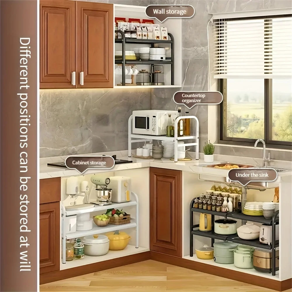 Scalable Carbon Steel Sink Storage Rack,Multi layer Adjustable Storage Rack for Kitchen and Bathroom, Space saving Storage Rack