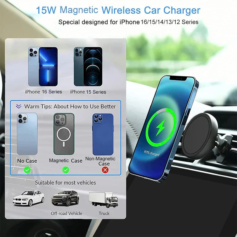 UYUXIO Magnetic Car Mount Phone Holder 2 in 1 15W Fast Charging Wireless Car Charger for iPhone 16 15 14 13 12 Pro Max Series