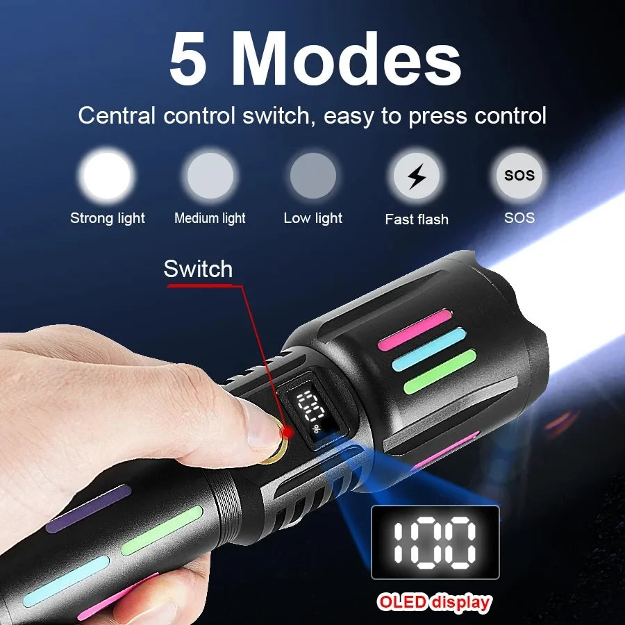 Lampe de poche laser blanche à haute puissance de 800 W avec des bandes lumineuses 3500 mètres à longue portée de type C USB rechargeable lampe à camping zoomable