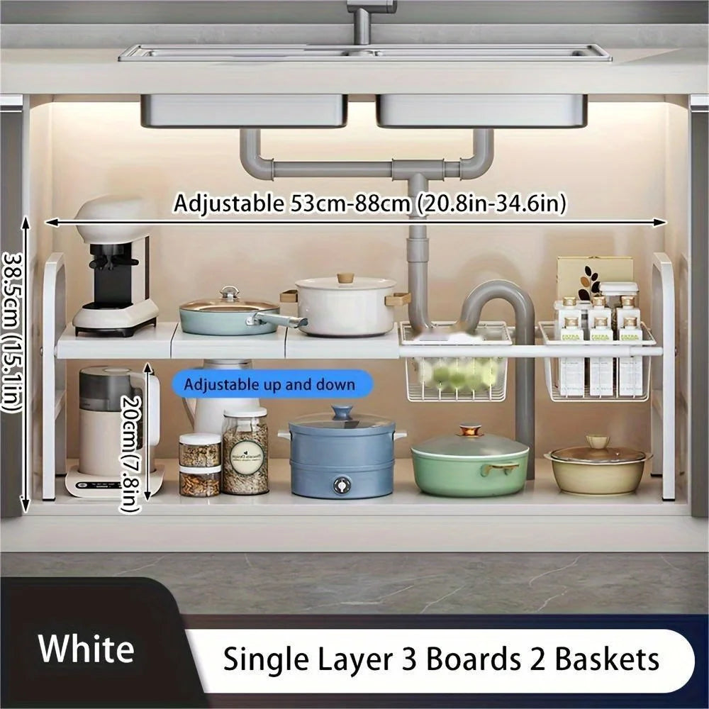 Scalable Carbon Steel Sink Storage Rack,Multi layer Adjustable Storage Rack for Kitchen and Bathroom, Space saving Storage Rack