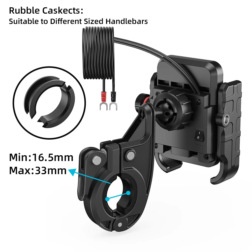 Motorcycle Phone Mount with USB QC3.0 Fast Charging Port Universal 360° Handlebar Cellphone Holder for 5.4-7.2 Inch Smartphones