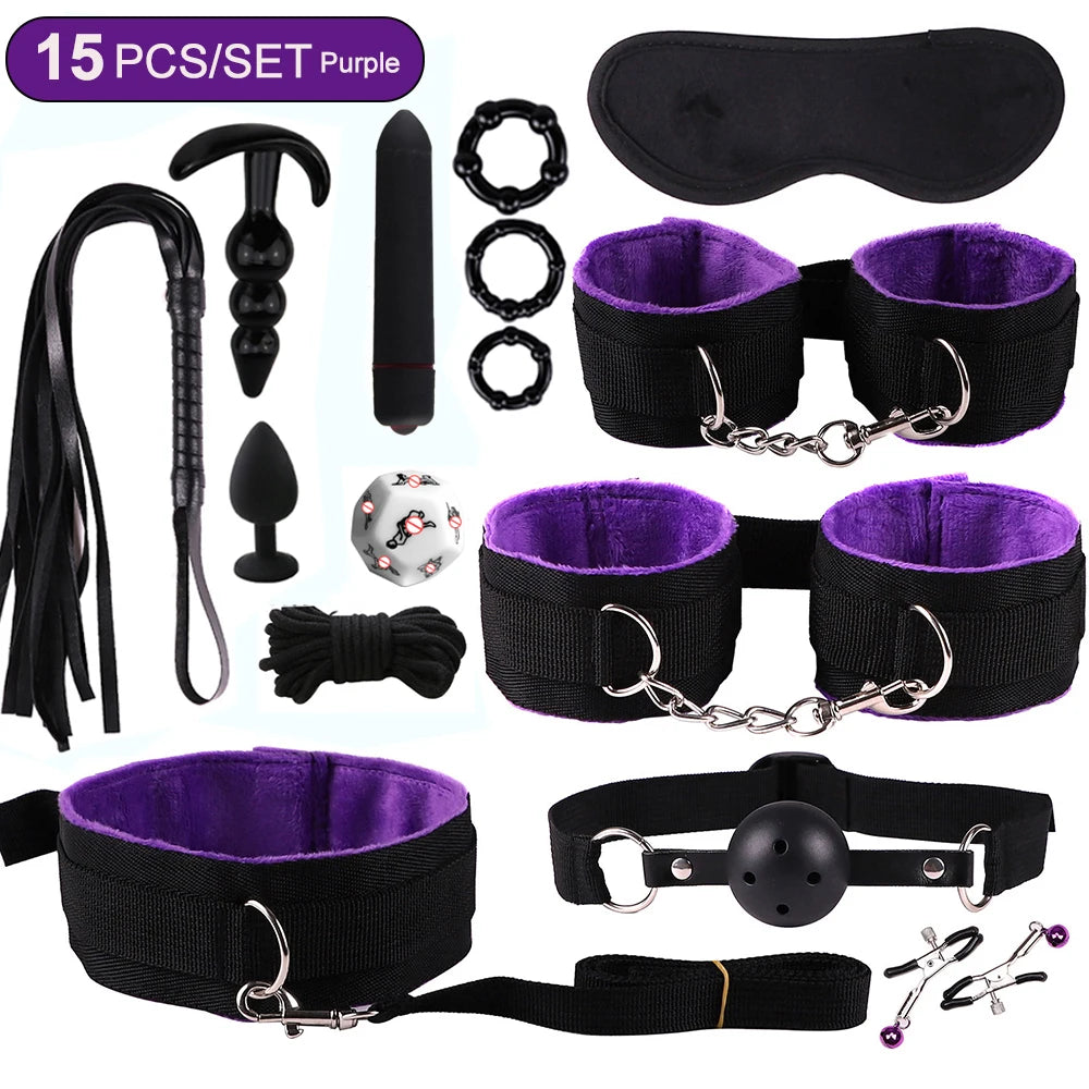 Toys Sex Toys BDSM Kits de bondage véritables retenus en cuir menottes Collier Gag Vibrateurs Toys Sex pour femmes couples Adultes Games