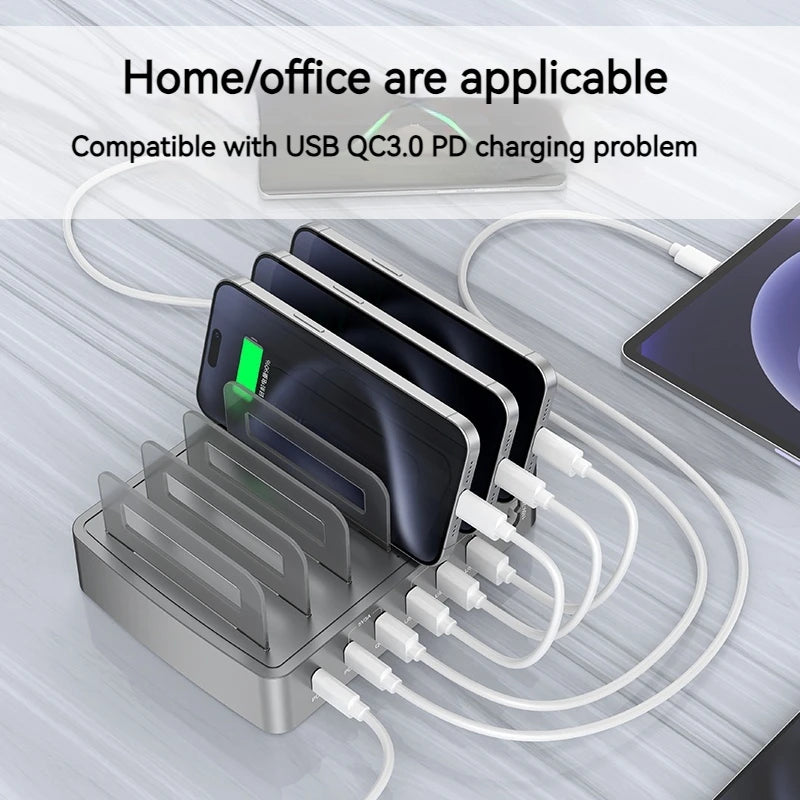 Universal 72W 6 Port Multi intelligent USB PD CHARGER Station pour iPhone 16 15 14 QC3.0 Stand de charge rapide pour Samsung Xiaomi