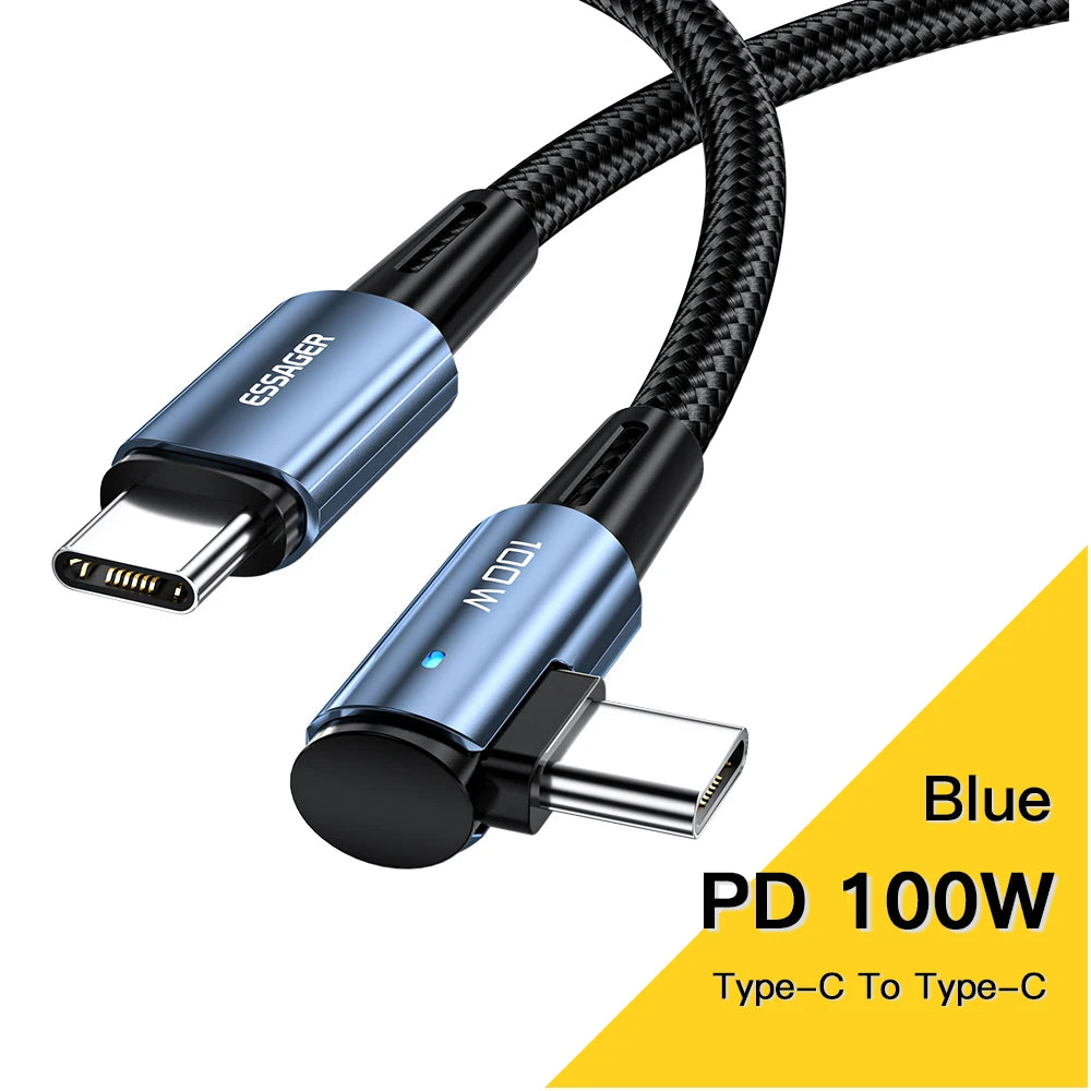 Essager 100W USB Type C vers USB C Cable 90 degrés Angle pour iPad MacBook Pro Xiaomi Samsung Huawei Fast Charging Type-C Date Wire