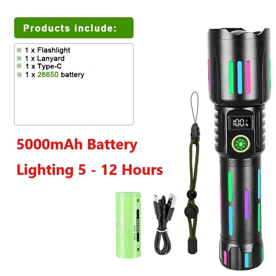Lampe de poche laser blanche à haute puissance de 800 W avec des bandes lumineuses 3500 mètres à longue portée de type C USB rechargeable lampe à camping zoomable