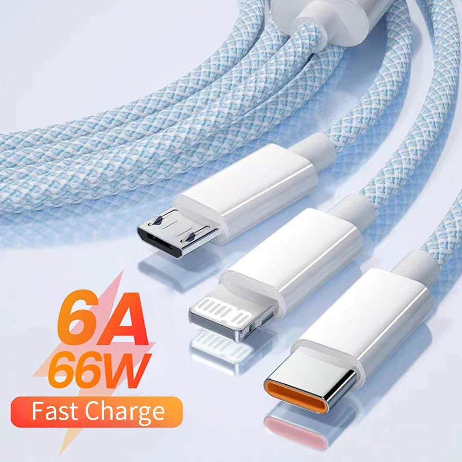 1,2m/2m/3m 66W 3 en 1 Câble de charge rapide 2 en 1 Câble USB de type C 6A Données Câble du chargeur rapide pour Huawei Xiaomi Samsung