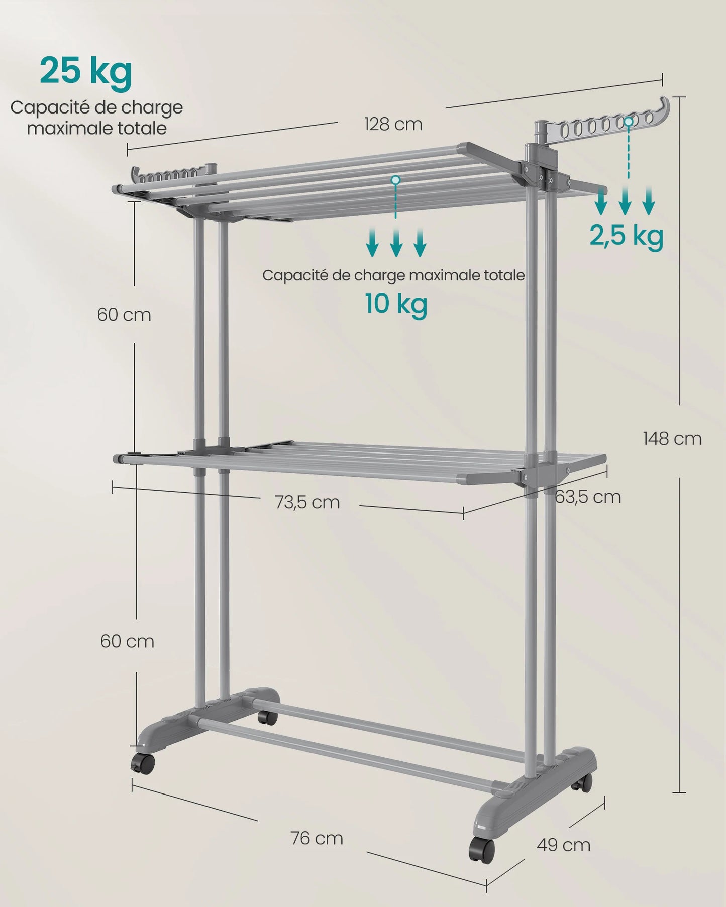 Rack de séchage de vêtements, pliable, 63,5 x 128 x 148 cm, grande capacité, utilisation intérieure et extérieure, gris Dove