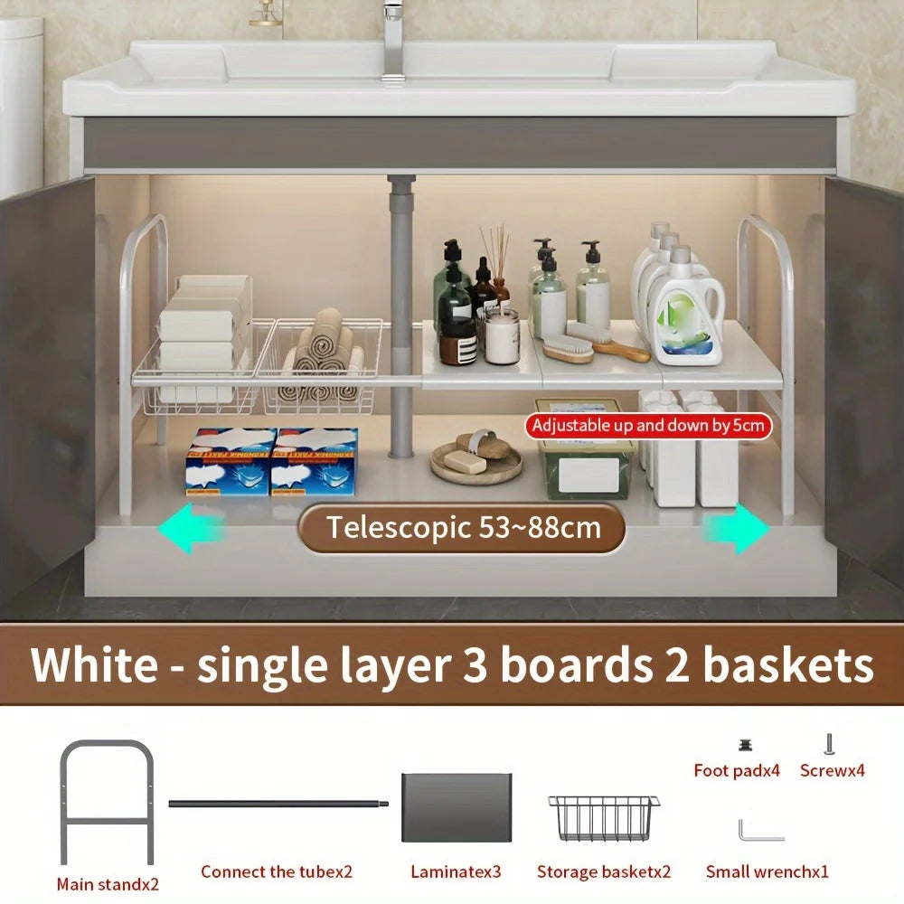 Scalable Carbon Steel Sink Storage Rack,Multi layer Adjustable Storage Rack for Kitchen and Bathroom, Space saving Storage Rack