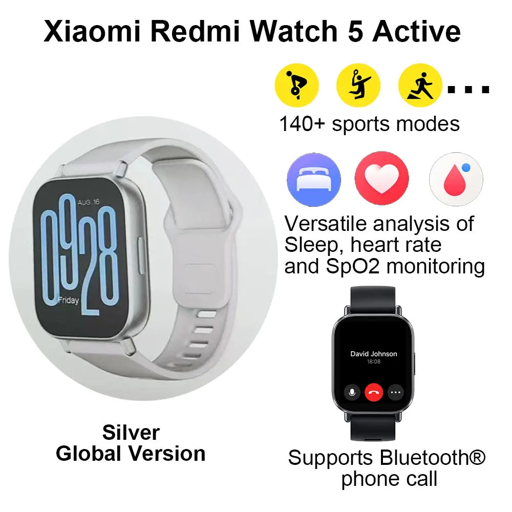 Montre connectée Xiaomi Redmi Watch 5 Active, Bluetooth 5.3, mesure de l'oxygène dans le sang, fréquence cardiaque, prise en charge des appels vocaux Bluetooth 2" Écran LCD
