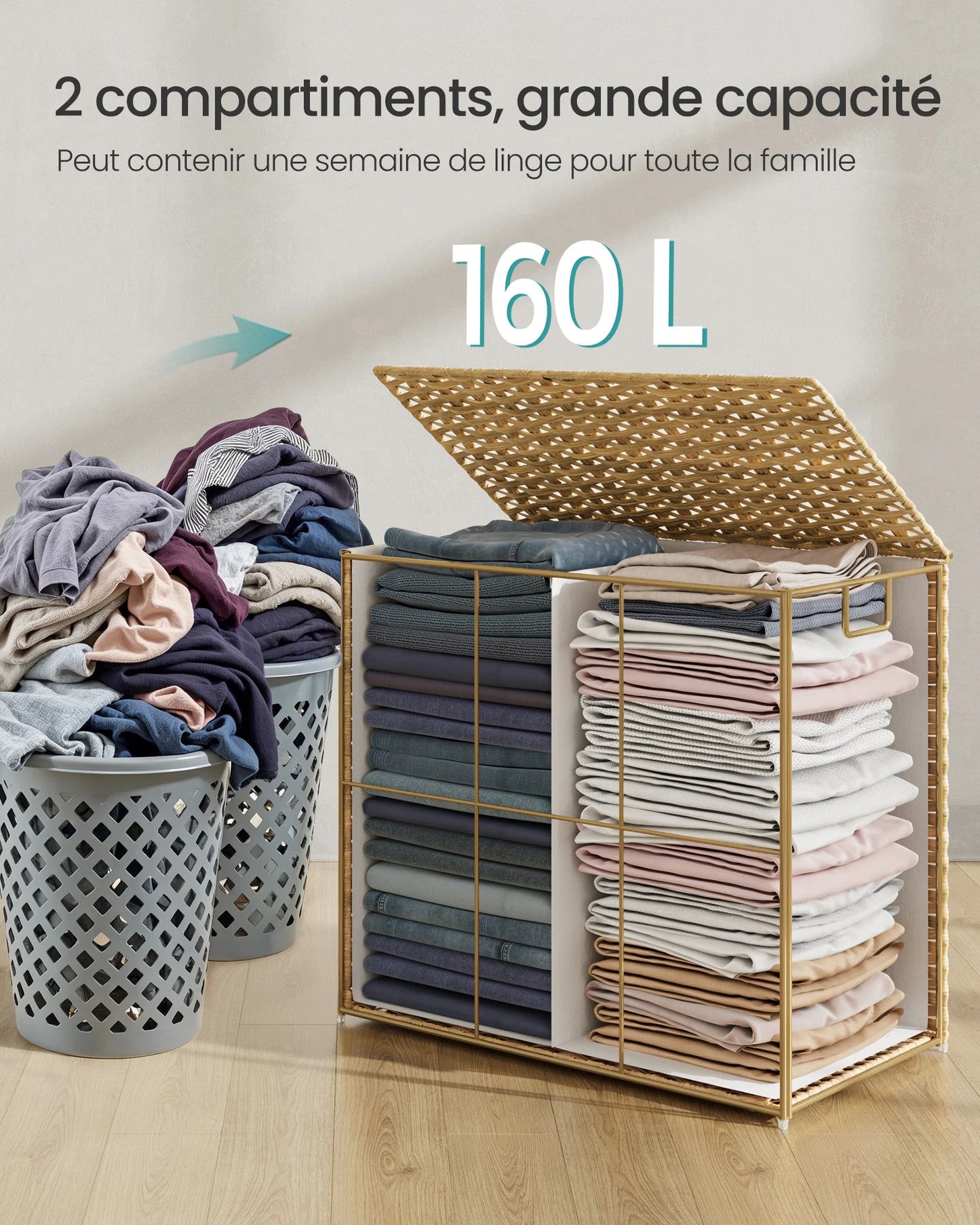 Storage Basket, 160L Dirty Laundry Bin with Lid, Foldable, Removable Fabric Bags and Handles, Wood Color