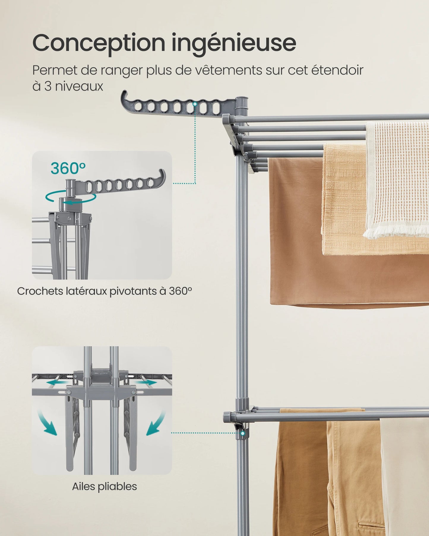 Rack de séchage de vêtements, pliable, 63,5 x 128 x 148 cm, grande capacité, utilisation intérieure et extérieure, gris Dove