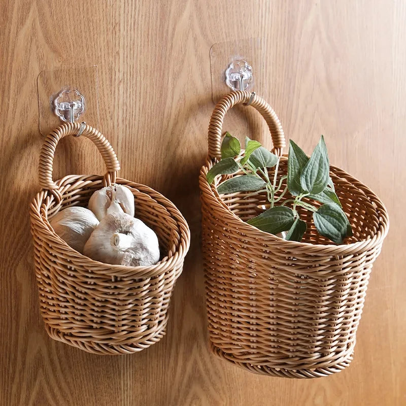 Wall-mounted Vegetable Basket Fruit and Sundry Basket Natural Wicker Weave Storage Basket Kitchen Storage Home Decoration