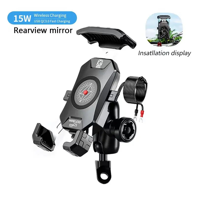 Support de téléphone pour moto 12 V, chargeur rapide USB C PD 20 W, chargeur sans fil 15 W, support pour vélo 4.07.0" Téléphone portable