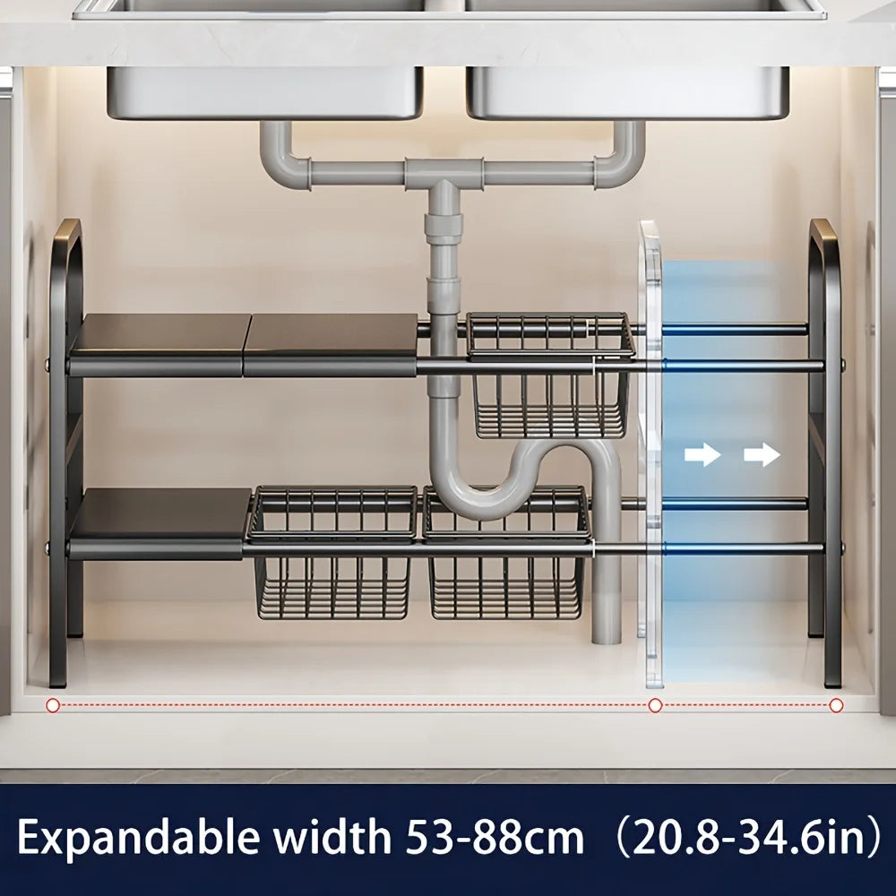 Scalable Carbon Steel Sink Storage Rack,Multi layer Adjustable Storage Rack for Kitchen and Bathroom, Space saving Storage Rack