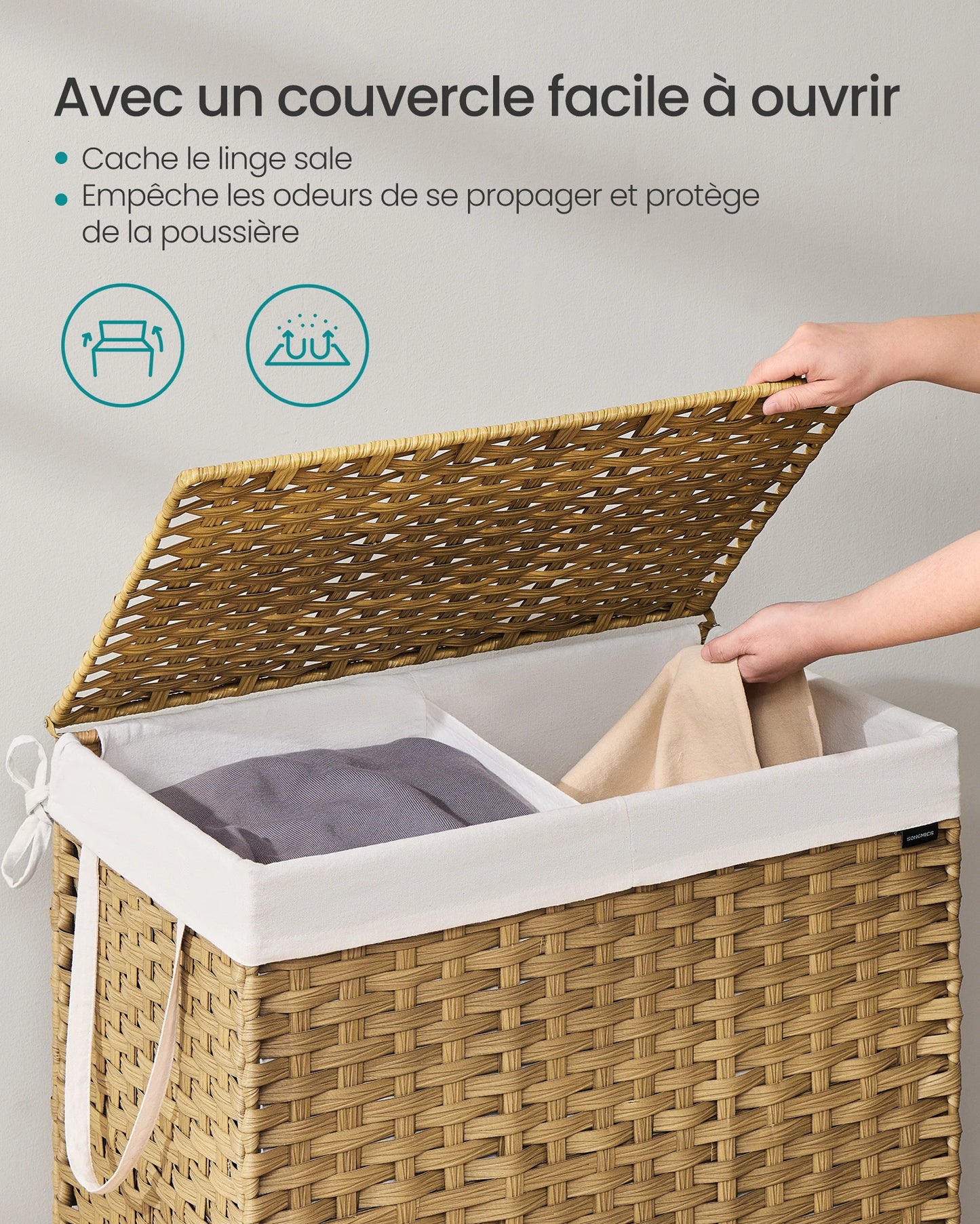 Storage Basket, 160L Dirty Laundry Bin with Lid, Foldable, Removable Fabric Bags and Handles, Wood Color