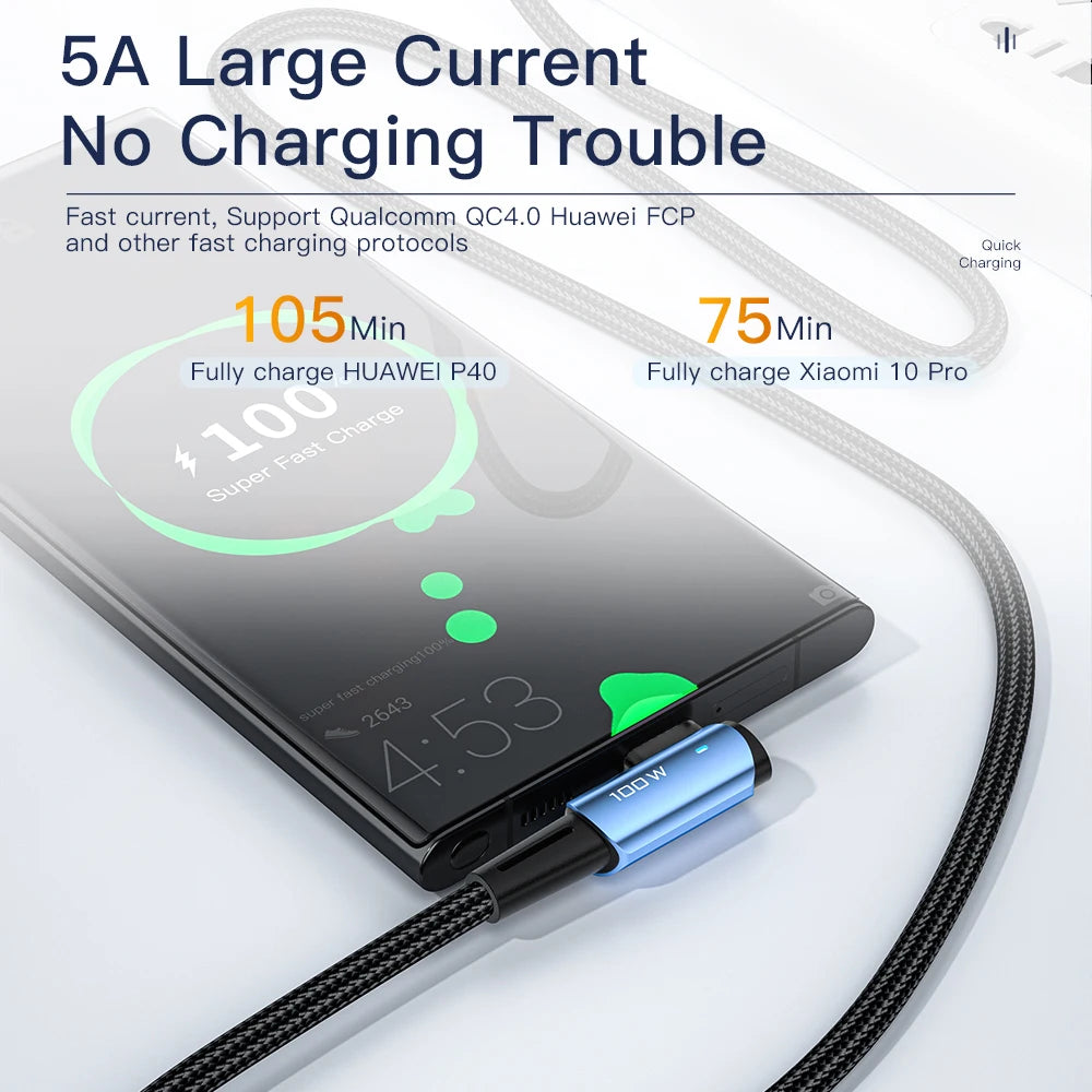 Essager 100W USB Type C vers USB C Cable 90 degrés Angle pour iPad MacBook Pro Xiaomi Samsung Huawei Fast Charging Type-C Date Wire