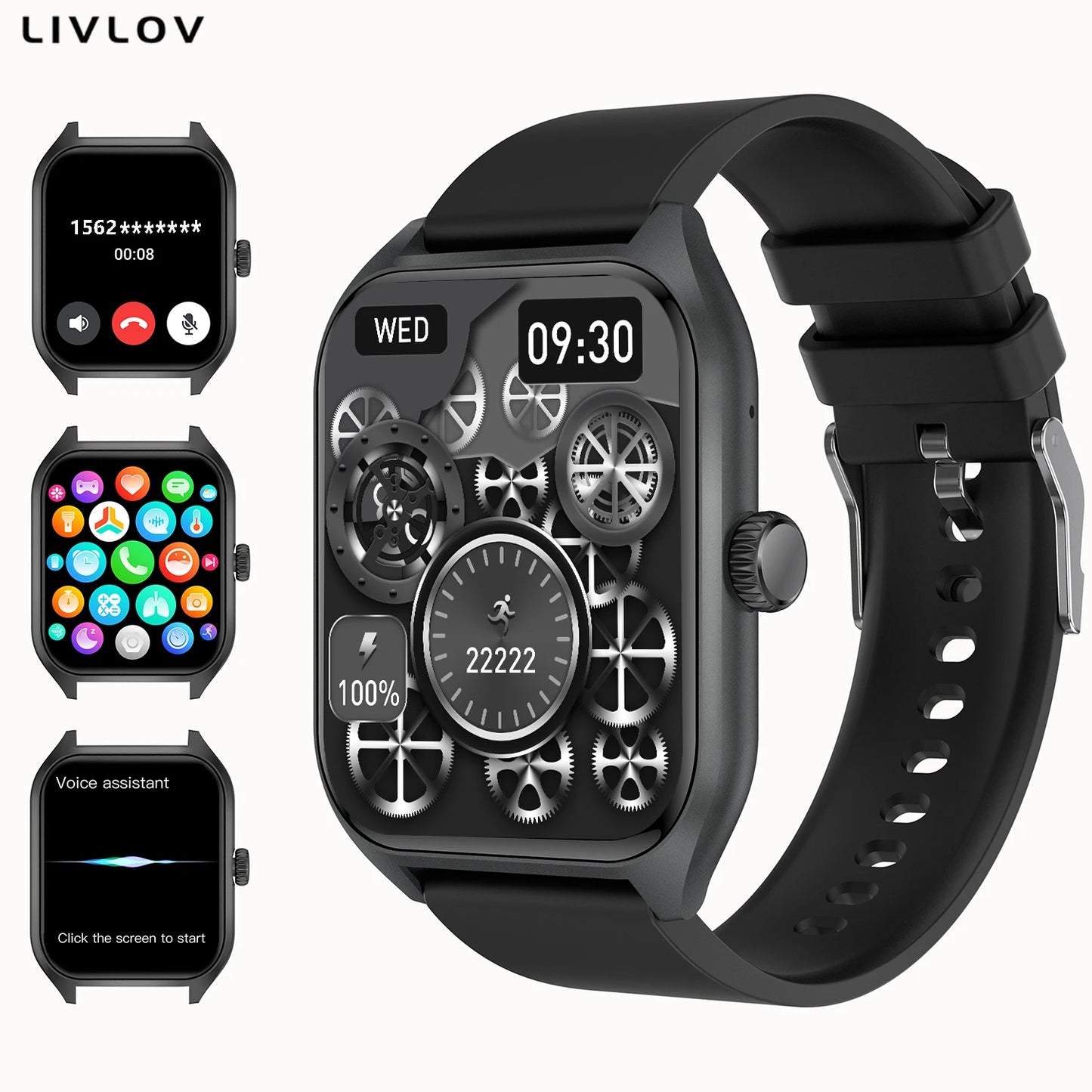 AI-VOCIE ASSISTANT SMART WART pour les hommes, 1,96 '' 'HD Screen Activity Trackers avec 100 + Sports/Sleep/Heart Rate Monitor