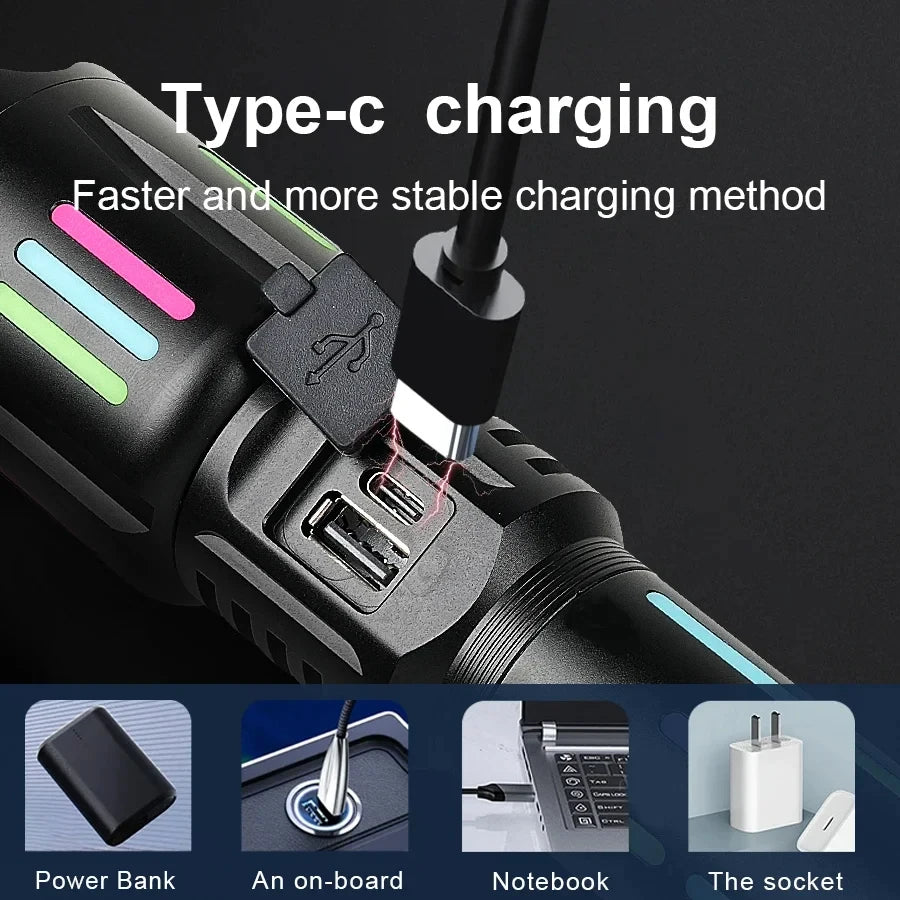 Lampe de poche laser blanche à haute puissance de 800 W avec des bandes lumineuses 3500 mètres à longue portée de type C USB rechargeable lampe à camping zoomable