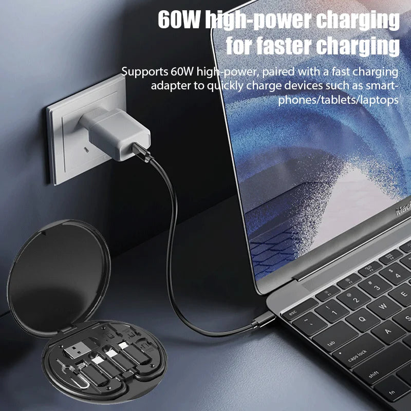 Mini Digital Gadgets Rangement Boîte de stockage multifonctionnelle 5 sur 1 Câble de données de téléphone mobile 60W Téléphone de stockage du cordon de charge rapide