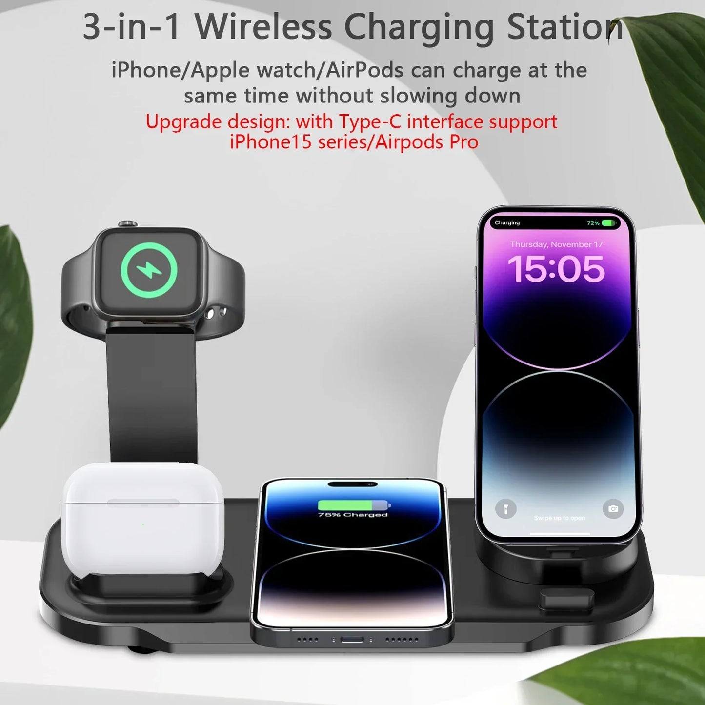 30W Wireless Charger Stand Pad For iPhone 15 14 13 12 11 Pro Max Apple Watch 8 7 6 Airpods Pro 7 in 1 Fast Charging Dock Station