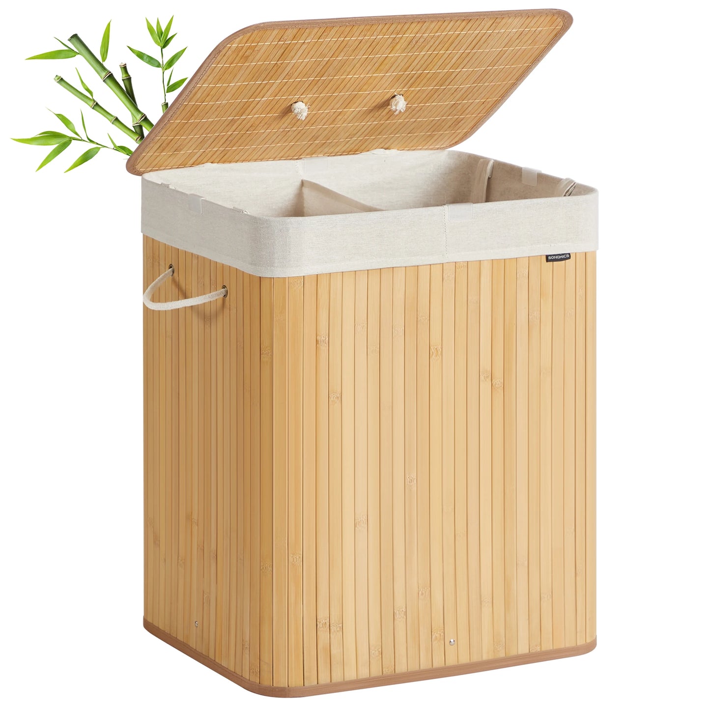 Bamboo Laundry Basket, 2 Compartments, 120 L, Foldable, Removable and Machine Washable Bag, with Handles, Natural