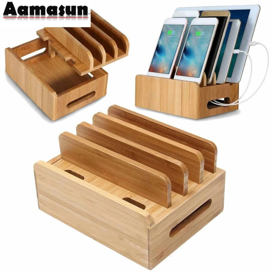 Le support en bambou pour iPhone Stand pour Samsung Phone Cords Corgs Station Organisateur de quais pour téléphones intelligents et tablettes USB Charger