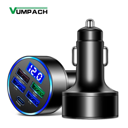 Chargeur de voiture à LED 250W 5 ports Frappe-charge PD QC3.0 USB C Téléphone Car Chargeur Type C Adaptateur en voiture pour iPhone Samsung Huawei Xiaomi