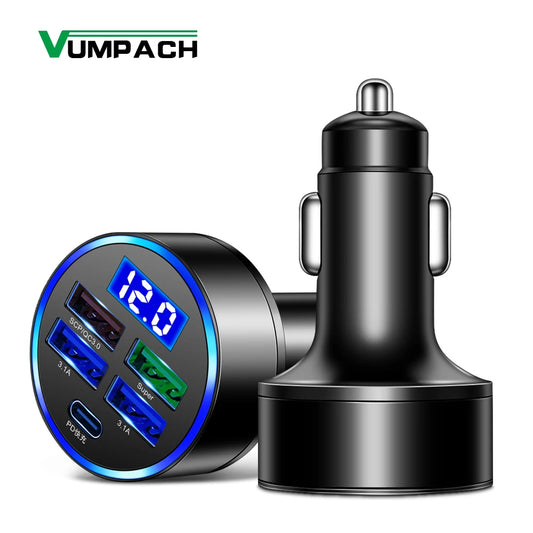 Chargeur de voiture à LED 250W 5 ports Frappe-charge PD QC3.0 USB C Téléphone Car Chargeur Type C Adaptateur en voiture pour iPhone Samsung Huawei Xiaomi