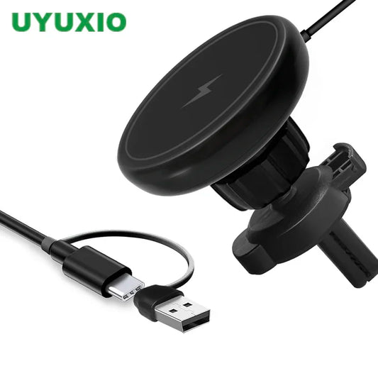 UyUXio Magnetic Car Mount Phone Dectein 2 en 1 15W Chargeur de voiture sans fil de charge rapide pour iPhone 16 15 14 13 12 Pro MAX Série