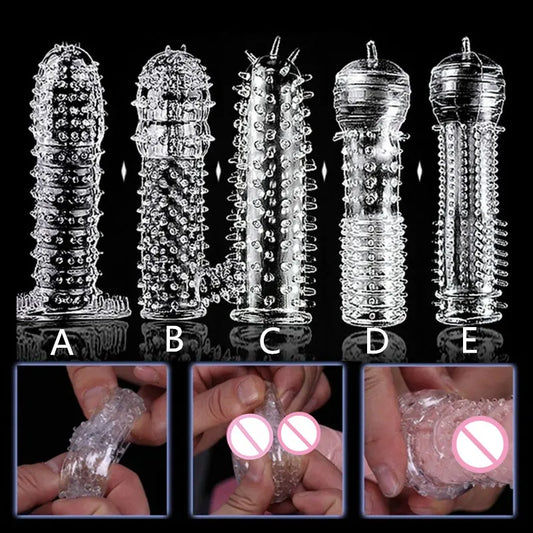 5pcs/ensemble préservatif réutilisable Pinis Sleeve Male Malle Élargissement Temps de temps Masse-clitant Masseur Couverture Cléstal Cermon Condoms Condoms Sext Adult