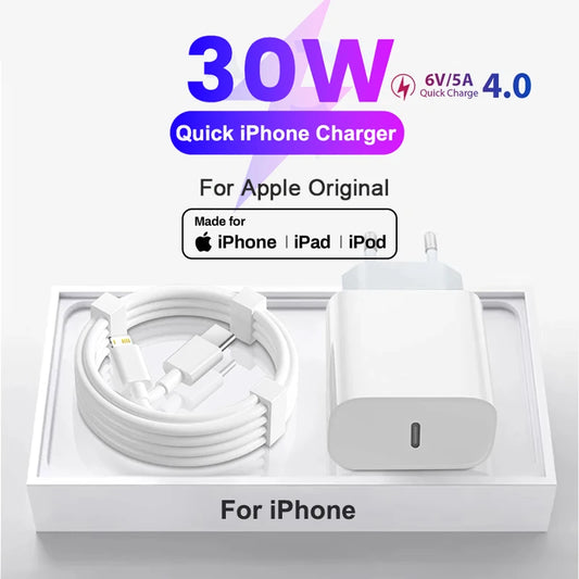 Pour Apple Original 30W Charger rapide pour iPhone 11 13 12 14 15 16 Pro Max Mini XR XS X 8 Plus Câble iPhone de Type C Fast Charge C