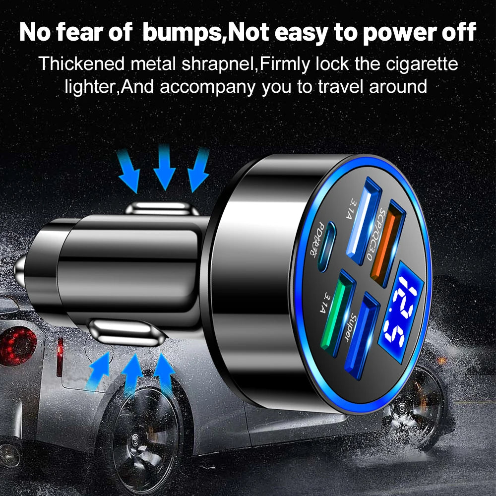 Chargeur de voiture à LED 250W 5 ports Frappe-charge PD QC3.0 USB C Téléphone Car Chargeur Type C Adaptateur en voiture pour iPhone Samsung Huawei Xiaomi