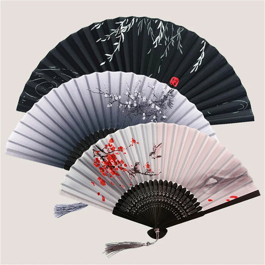 Vintage Elegant Pandheld Foldable Chinese Silk pliing Fan Fan Wooden Shank Classical Dance Fan Decoration Home