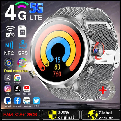5G/4G Android 9.0 Smart Watch 1,95 pouces AMOLED 1880mAh Batterie 900W Caméra 8 Go + 128 Go RAM GPS WiFi Google App Download SmartWatch