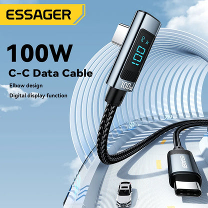 ESSAGER PD100W USB C TO TYPE C Cable Câble de charge rapide Câble 90 degrés avec affichage pour iPhone 15 Huawei Samsung MacBook Pro