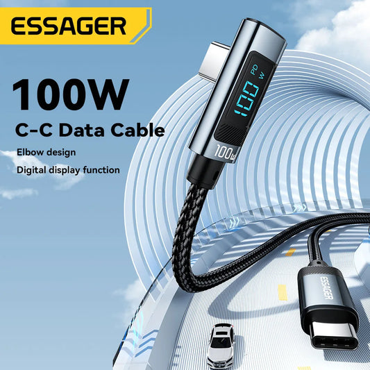 ESSAGER PD100W USB C TO TYPE C Cable Câble de charge rapide Câble 90 degrés avec affichage pour iPhone 15 Huawei Samsung MacBook Pro
