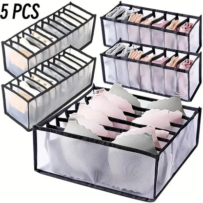 Boîtes de rangement à domicile de 5 packs Sacs de combinaison de sous-vêtements à carreaux pliants - Diviseurs de tiroir en nylon pour chaussettes, culotte et sous-vêtements
