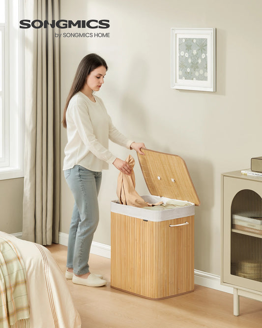 Panier à linge en bambou, 2 compartiments, 120 L, sac lavable pliable, amovible et machine, avec poignées, naturel