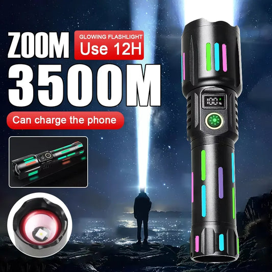 Lampe de poche laser blanche à haute puissance de 800 W avec des bandes lumineuses 3500 mètres à longue portée de type C USB rechargeable lampe à camping zoomable