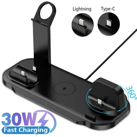 Tamp de support de chargeur sans fil 30W pour iPhone 15 14 13 12 11 Pro Max Apple Watch 8 7 6 Airpods Pro 7 en 1 station de quai à charge rapide