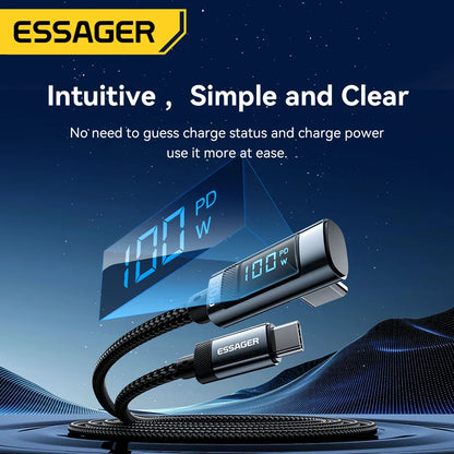 ESSAGER PD100W USB C TO TYPE C Cable Câble de charge rapide Câble 90 degrés avec affichage pour iPhone 15 Huawei Samsung MacBook Pro
