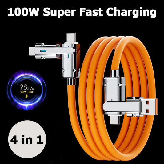 Câble de données de 2 à 2 100W Câbles de chargement super rapide Zinc Alloy PD 4-en-1 Multi USB Type C à Lightning Type C pour tablette de téléphone