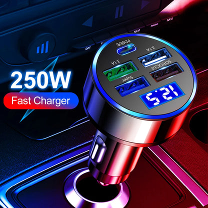 Chargeur de voiture à LED 250W 5 ports Frappe-charge PD QC3.0 USB C Téléphone Car Chargeur Type C Adaptateur en voiture pour iPhone Samsung Huawei Xiaomi
