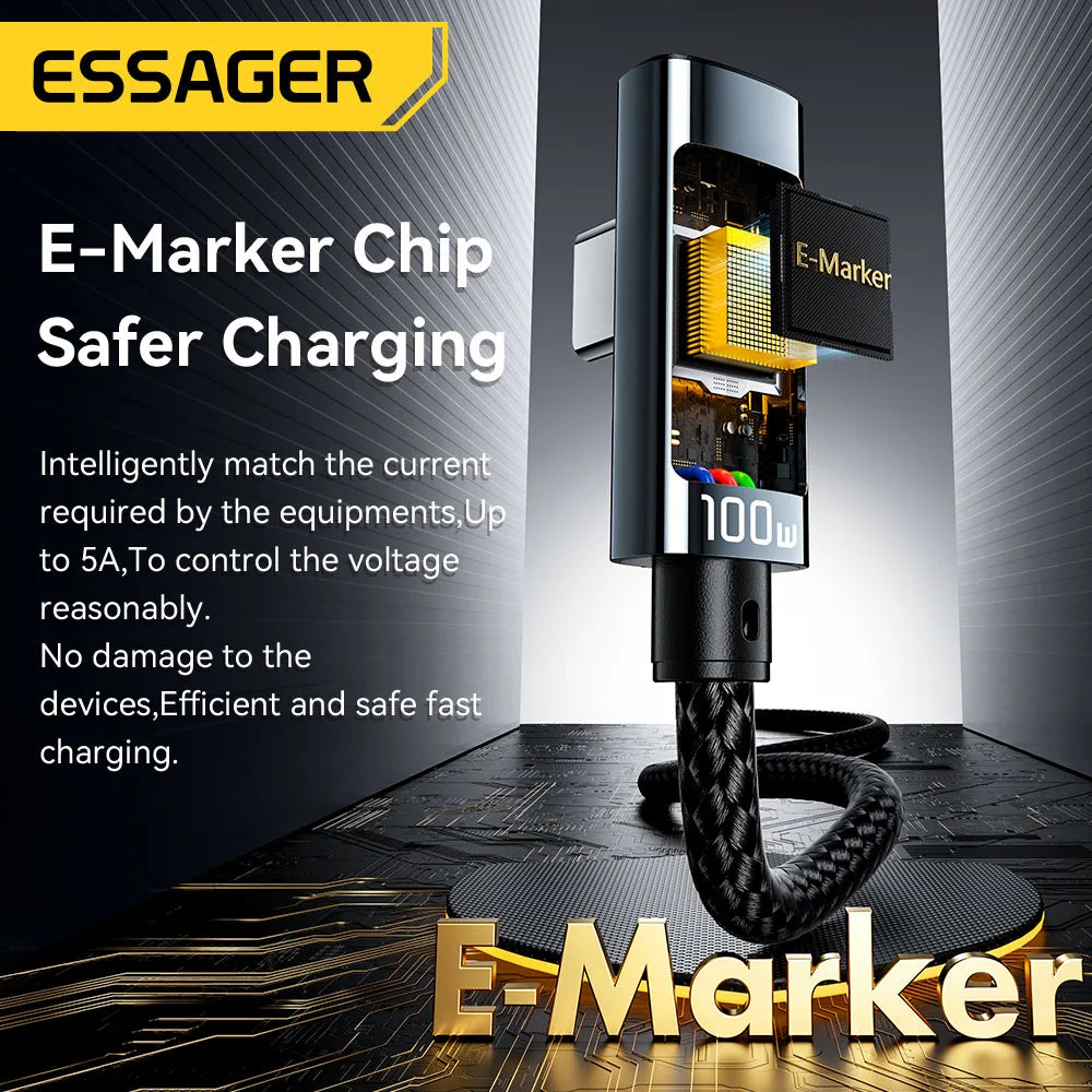 ESSAGER PD100W USB C TO TYPE C Cable Câble de charge rapide Câble 90 degrés avec affichage pour iPhone 15 Huawei Samsung MacBook Pro