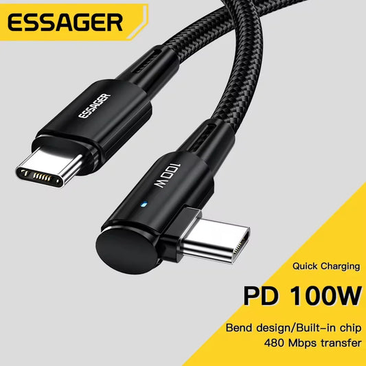 Essager 100W USB Type C vers USB C Cable 90 degrés Angle pour iPad MacBook Pro Xiaomi Samsung Huawei Fast Charging Type-C Date Wire