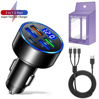 Chargeur de voiture à LED 250W 5 ports Frappe-charge PD QC3.0 USB C Téléphone Car Chargeur Type C Adaptateur en voiture pour iPhone Samsung Huawei Xiaomi