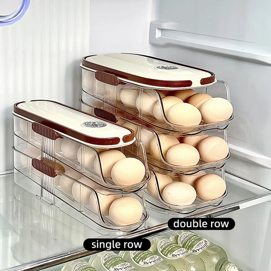 Grand support d'oeuf pour réfrigérateur Automatique Organisateur d'oeuf à œufs en plastique transparent Dispensateur d'oeufs empilable et poubelle de rangement