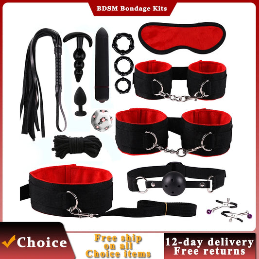 Toys Sex Toys BDSM Kits de bondage véritables retenus en cuir menottes Collier Gag Vibrateurs Toys Sex pour femmes couples Adultes Games