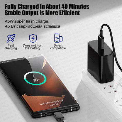 Chargeur d'origine 45W rapide de type C pour Samsung Galaxy S22 S23 S24 Ultra S21 S20 Fe S10 Note 20 plus A71 A80 Câble de charge rapide
